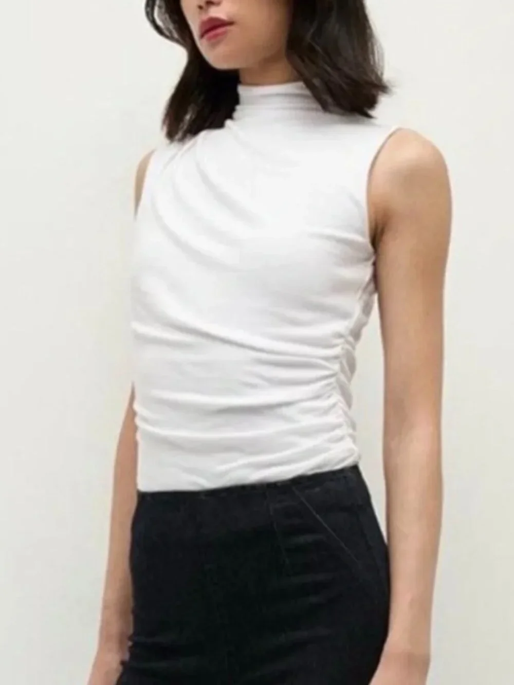 Veronica Beard Mylie Mock Neck Sleeveless Top, Ruched Side in White - Picture 1 of 3